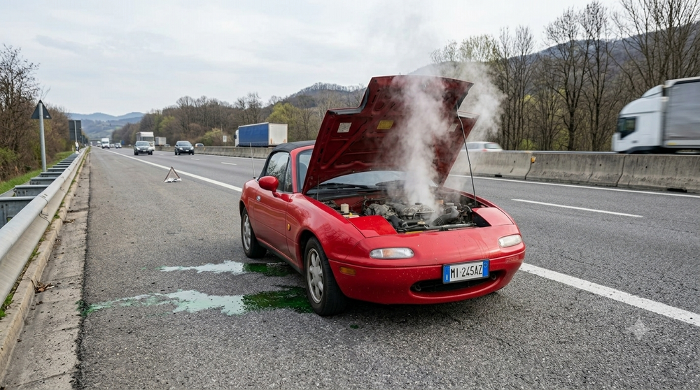 Mazda MX-5 rossa surriscaldata in autostrada con cofano aperto, vapore dal motore e perdita di liquido refrigerante