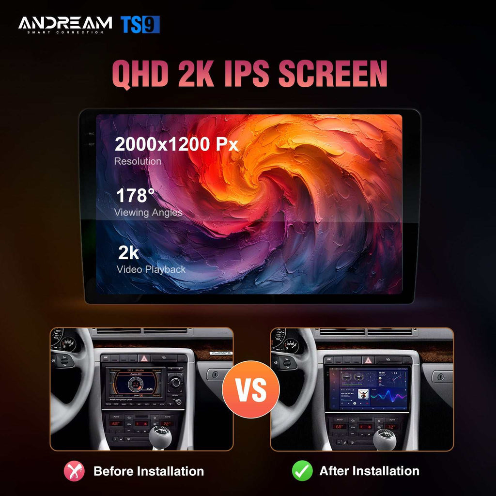 Andream Autoradio Android 14 Audi A4 S4 RS4 B6/B7: CarPlay, Android Auto, 9'' Touch HiFi.