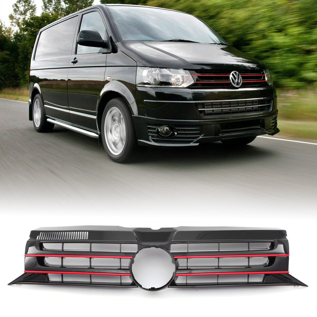 Griglia Paraurti Anteriore Nera Lucida con Supporto Stemma Bordo Rosso VW Transporter T5.1 09-15