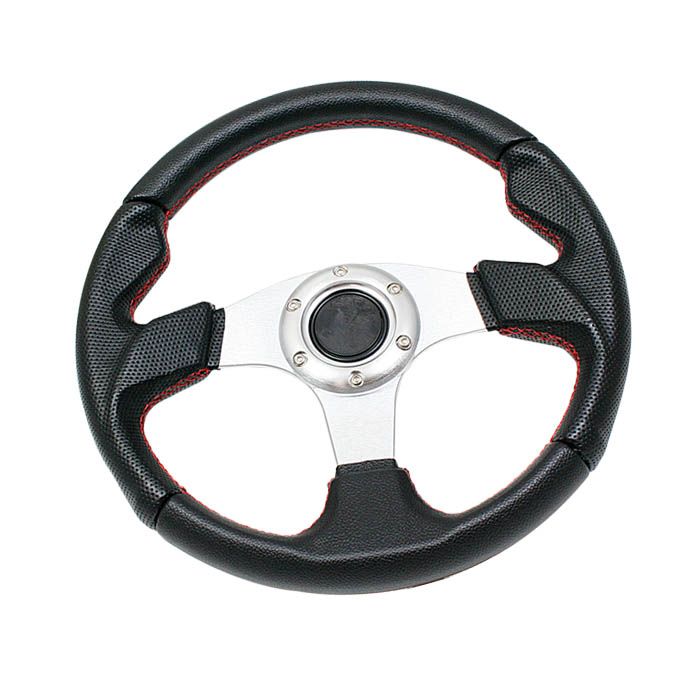Volante Sportivo Corona Piatta SK-Import Argento 320mm Pelle Cuciture Rosse