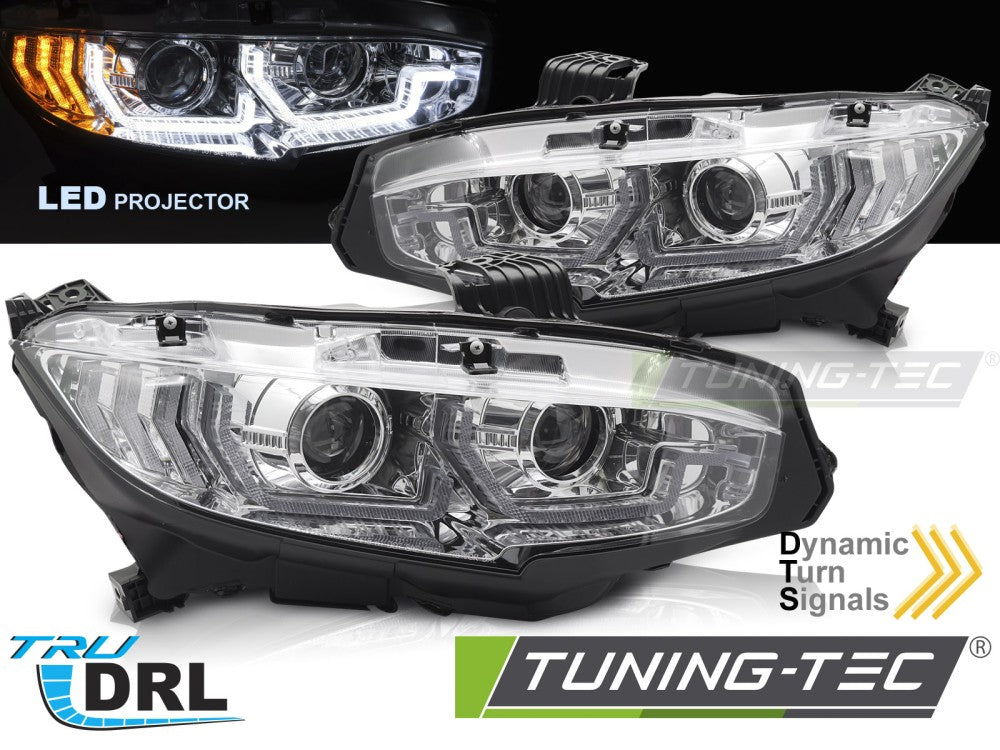 Fari Anteriori Cromati DRL Sequenziali per Honda Civic X 2016-2021