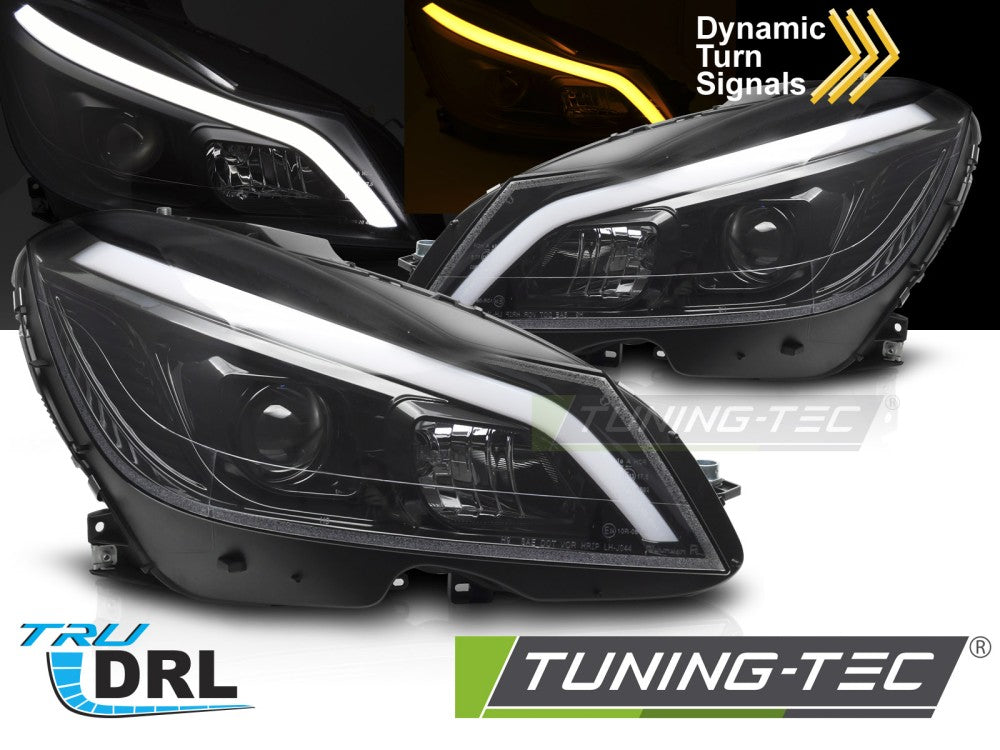 Fari Anteriori Neri Lucidi DRL Sequenziali per Mercedes Classe C (W204) 2011-2014