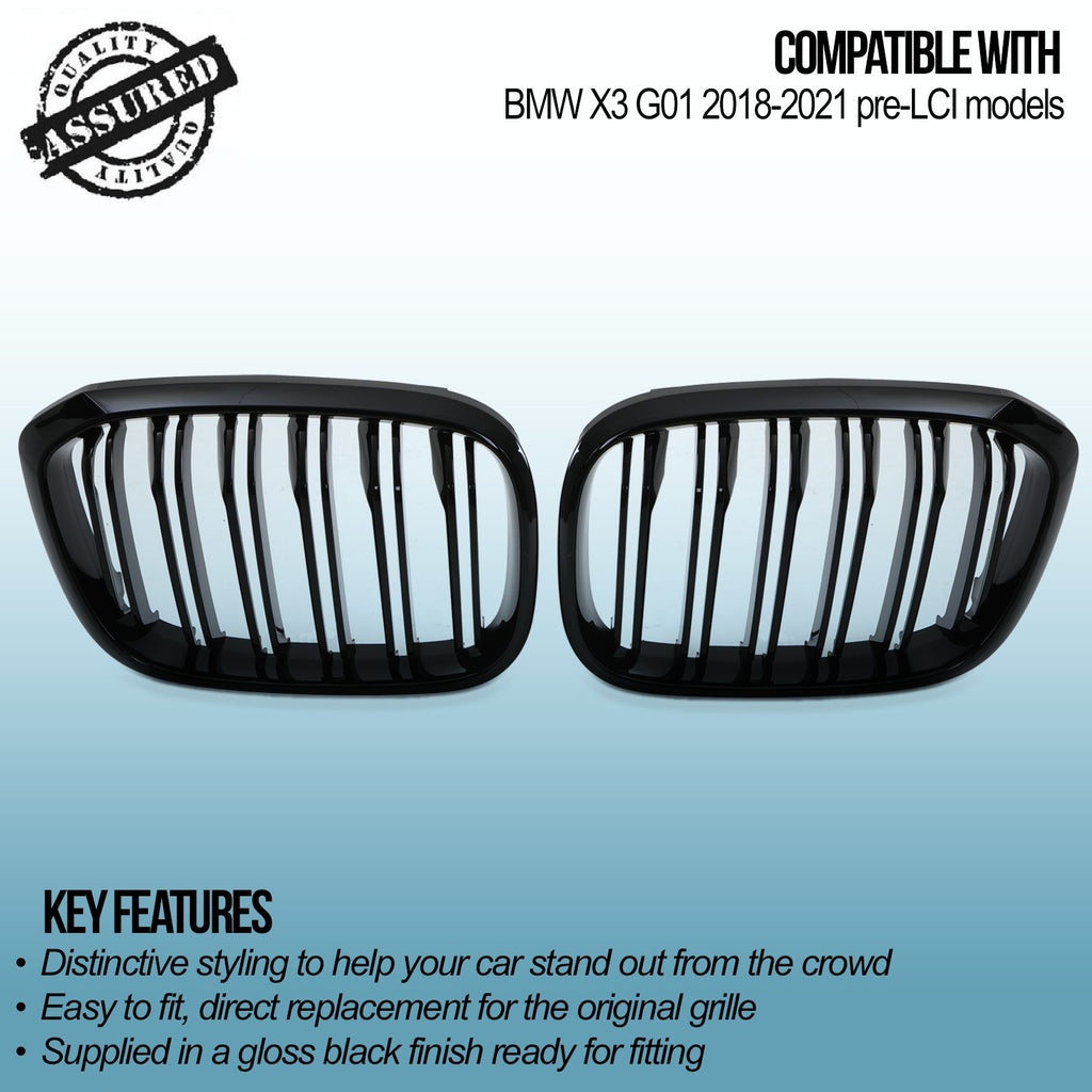 Griglie Anteriori a Doppia Lamella Nere Lucide BMW X3 G01 18-21 - foto 3