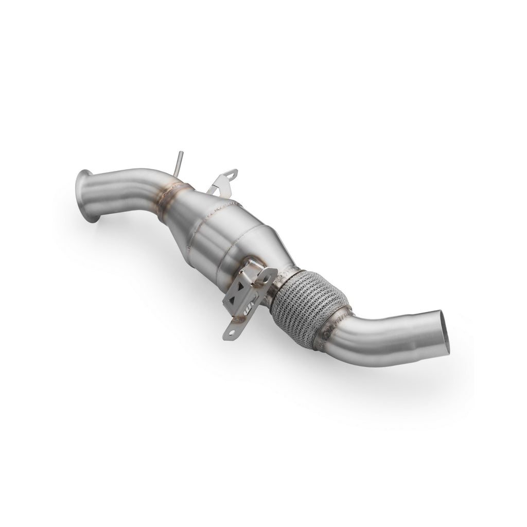 Downpipe decat RM Motors in acciaio inox per BMW F10 F11 F07: giunto flessibile e staffe di fissaggio