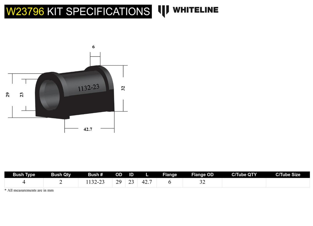 Boccole barra antirollio anteriore Whiteline 23 mm per Toyota Camry XV10 e Holden Apollo JM/JP — dettaglio 4