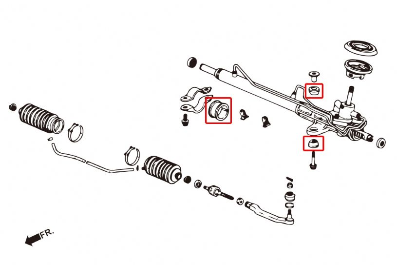 Boccole cremagliera sterzo in TPV Hardrace Honda Civic MK6 e Acura CL – kit 5 pezzi – schema di montaggio