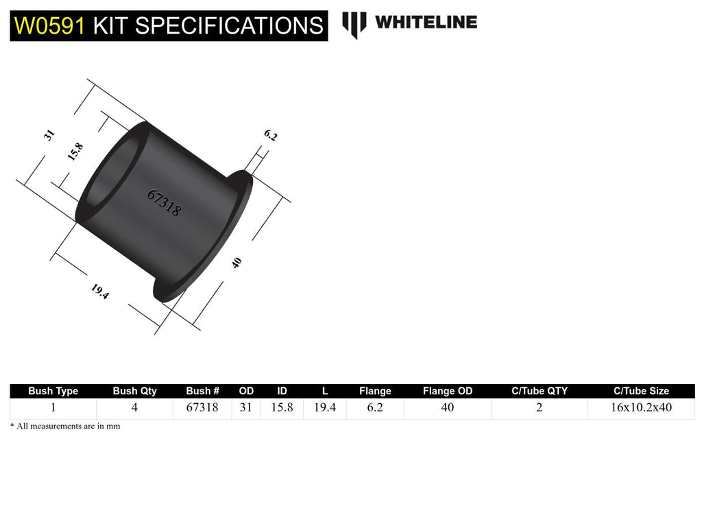 Boccole interne braccio superiore posteriore Whiteline per Mitsubishi Lancer EVO 4, 5, 6, 7, 8 e 9 — dettaglio 4