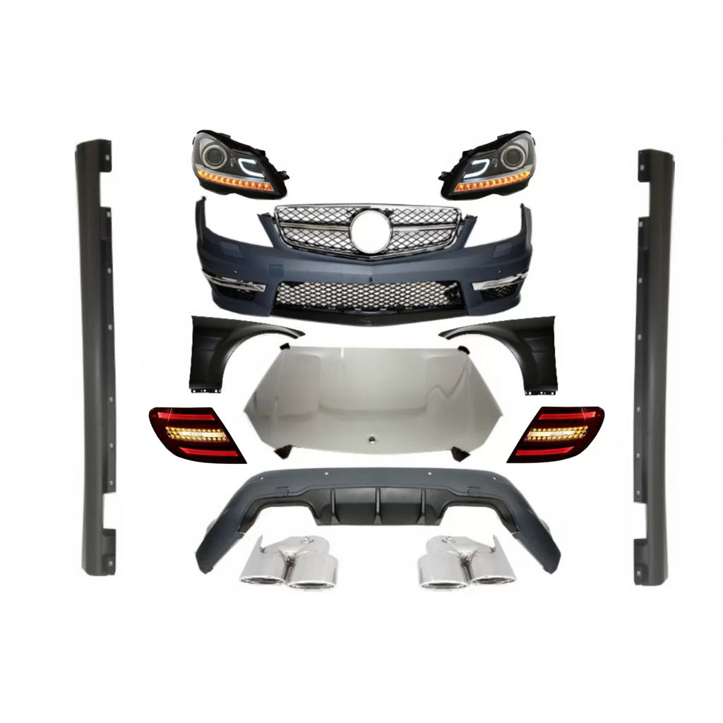 Completo conversione Retrofit Body kit con luci per Mercedes Classe C W204 (2007-2014) restyling C63 design
