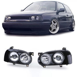 DE doppio fari anteriori H1 H3 nero coppia per VW Golf 3 91-97