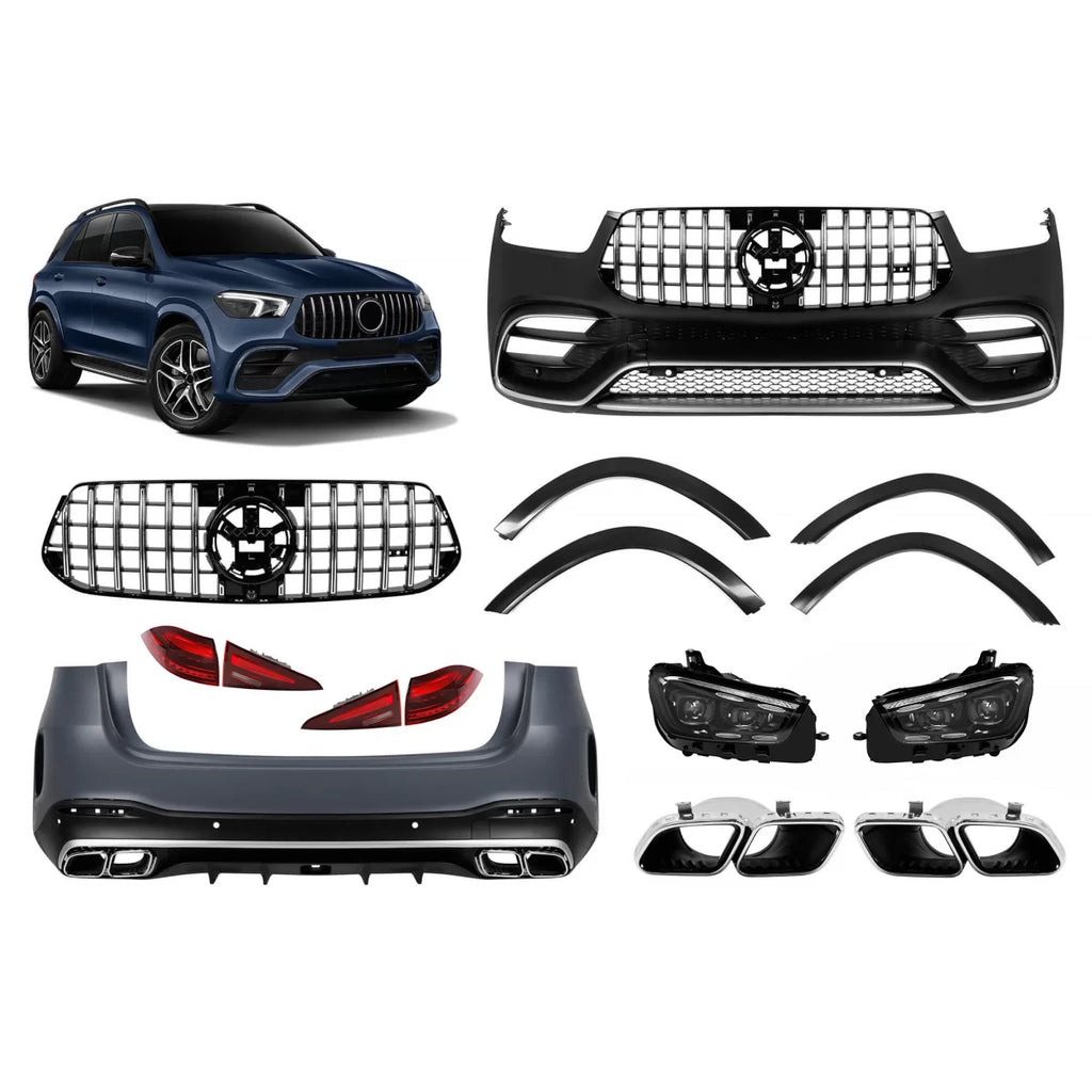 A design kit tipo GLE63 per Mercedes GLE SUV W167 2019-2023, con cromato elementi, LED fari anteriori, e LED fanali