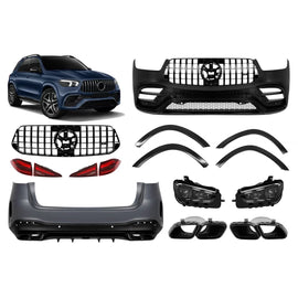A design kit tipo GLE63 per Mercedes GLE SUV W167 2018-2023, con Nero lucido elementi, LED fari anteriori, e LED fanali