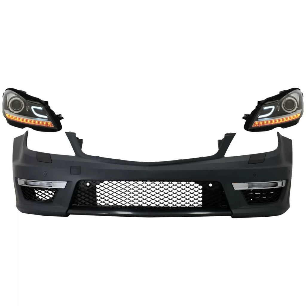Paraurti anteriore per Mercedes Classe C W204 (2012-2014) C63 restyling design con fari anteriori DRL nero