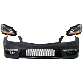 Paraurti anteriore per Mercedes Classe C W204 (2012-2014) C63 restyling design con fari anteriori DRL nero