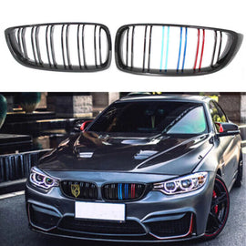 Griglie anteriori per BMW 4 F32 / F33 / F36 13-20 M4 stile con doppio griglia Tri-colore nere lucide 2pcs