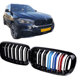 Griglie anteriori per BMW X5 F15 / X6 F16 13-18 M4 stile con doppio griglia Tri-colore nere lucide 2 pezzi