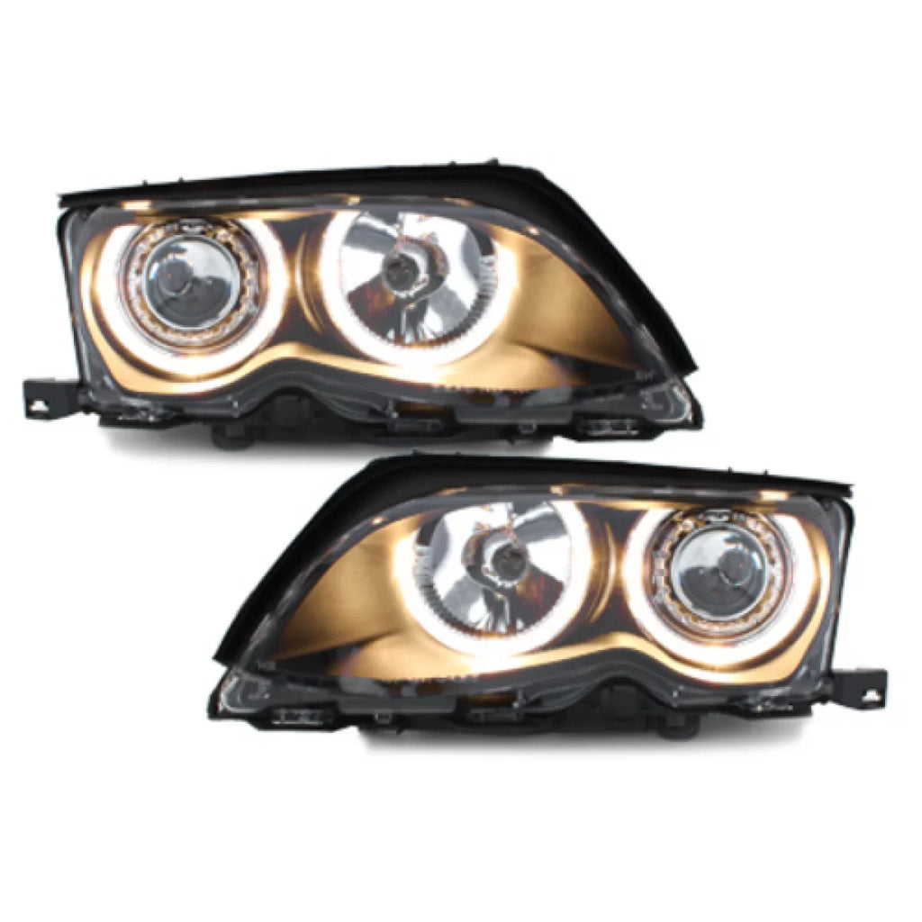 Fari anteriori per BMW Serie 3 E46 berlina Touring (09.2001-03.2005) 2 anelli luminosi nero