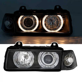 Set fari anteriori per BMW 3 E36 92-98 Coupe/Cabrio Angel Eyes nero H7/H7 Depo