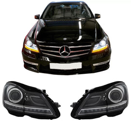Set fari anteriori per Mercedes-Benz Classe C W204 11-14 DRL & Led segnale nero H7 con motorino