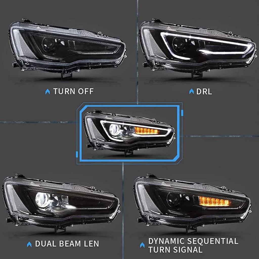 Set fari anteriori per Mitsubishi Lancer 07-17 DRL Led Tube & dinamico segnale nero/cromato H7 manuale VLAND
