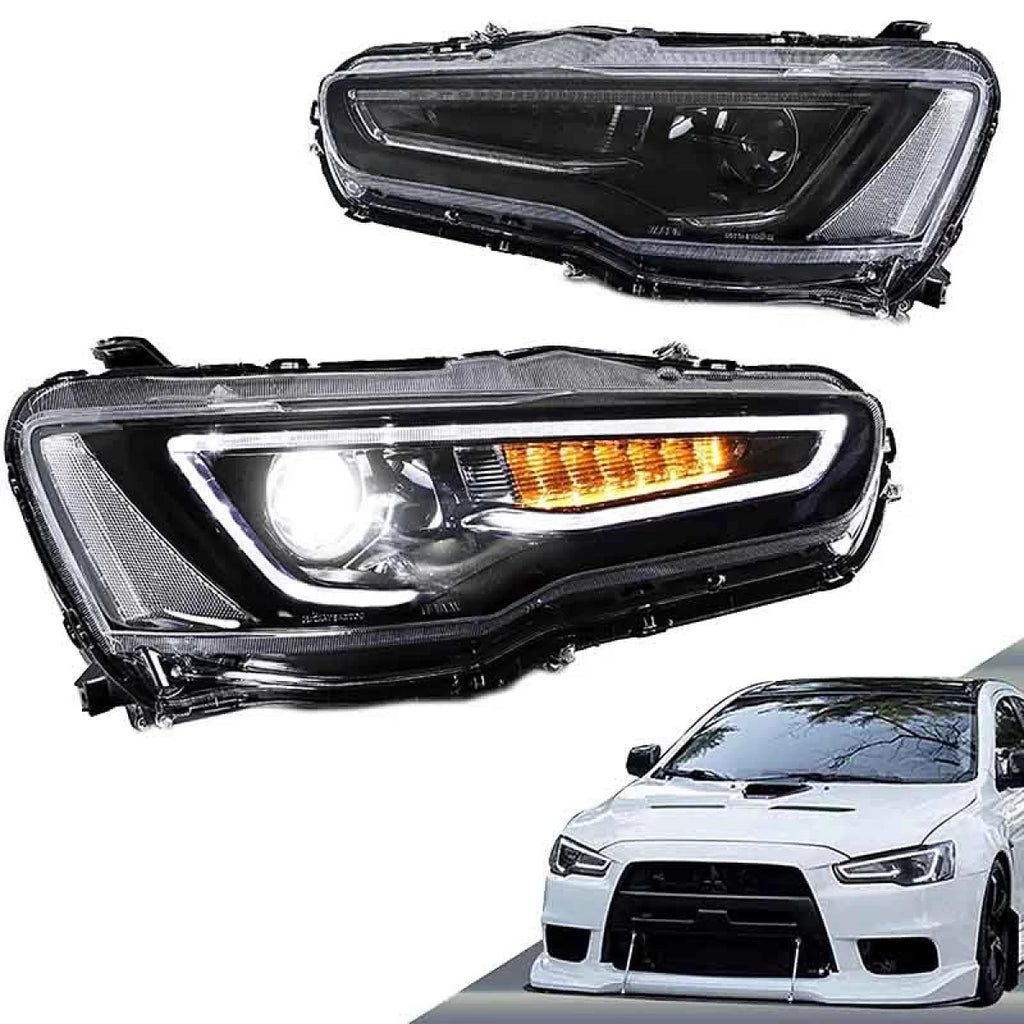 Set fari anteriori per Mitsubishi Lancer 07-17 DRL Led Tube & dinamico segnale nero/cromato H7 manuale VLAND