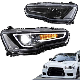Set fari anteriori per Mitsubishi Lancer 07-17 DRL Led Tube & dinamico segnale nero/cromato H7 manuale VLAND