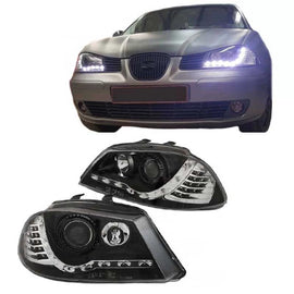 Set fari anteriori per Seat Ibiza 6L 02-08 DRL & Led Direction nero H1/H1 Junyan