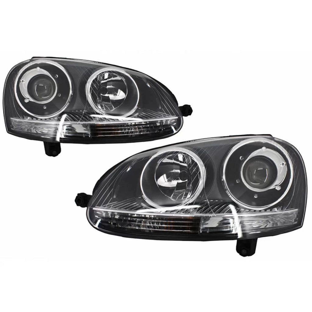 Set fari anteriori per VW Golf V (5) 03-08 proiettori GTI / R32 stile cromato H7/H7 con motorino & E-Mark Carner