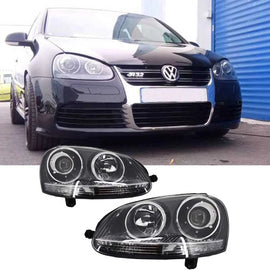 Set fari anteriori per VW Golf V (5) 03-08 proiettori GTI / R32 stile cromato H7/H7 con motorino & E-Mark Carner