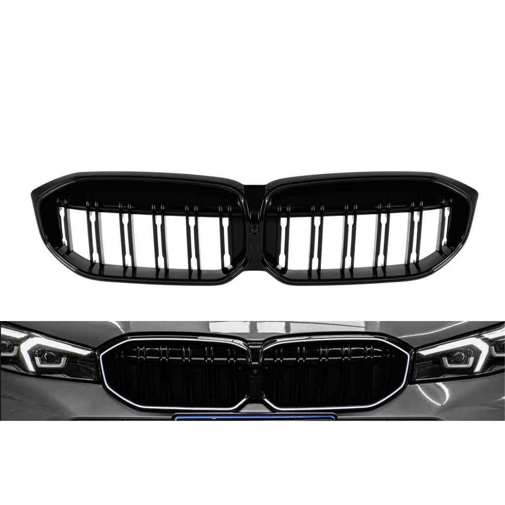 Iconic Glow illuminato Griglie a doppio rene con doppia lamella per BMW Serie 3 G20, G21 dal 2023, nere lucide