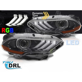 Kit fari anteriori per Ford Mustang 2018-2021 con nero base, con dinamico Indicatori di direzione, RGB DRL luci per il