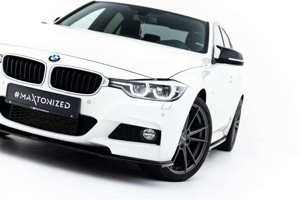 Lip anteriore Maxton Design in ABS nero lucido per BMW Serie 3 M-Pack Berlina F30, vista laterale