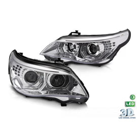 Kit fari anteriori con 3D LED Angel Eyes per BMW Serie 5 E60 berlina, E61 Touring 2003-2007 con cromato base, sinistro