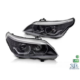 Kit fari anteriori con 3D LED Angel Eyes per BMW Serie 5 E60 berlina, E61 Touring 2003-2007 con nero base, sinistro