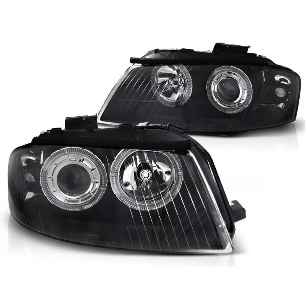Kit fari anteriori con lampade alogene Angel Eyes per Audi A3 8P 05.2003-03.2008 3D/5D, sinistro e destro tuning