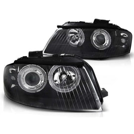 Kit fari anteriori con lampade alogene Angel Eyes per Audi A3 8P 05.2003-03.2008 3D/5D, sinistro e destro tuning