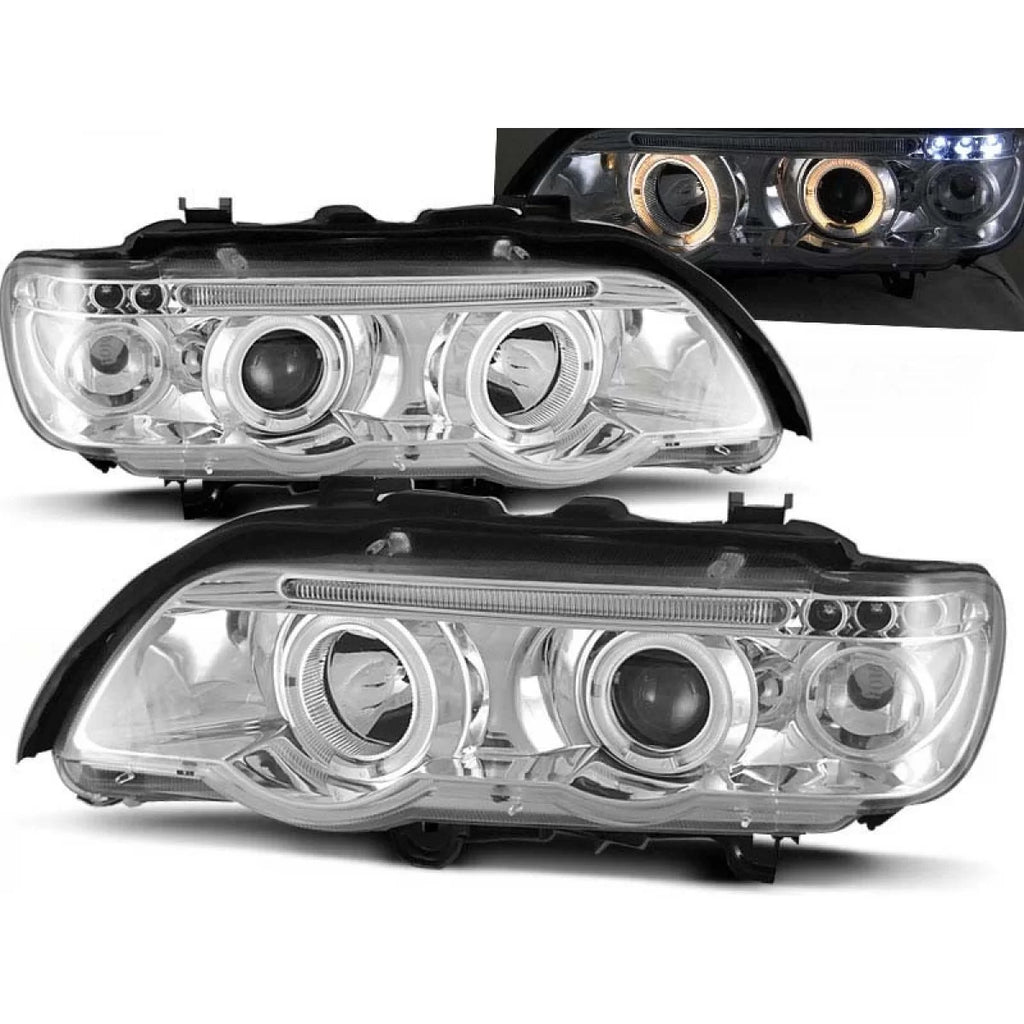 Kit fari anteriori con lampade alogene Angel Eyes per BMW X5 E53 09.1999-10.2003, sinistro e destro tuning
