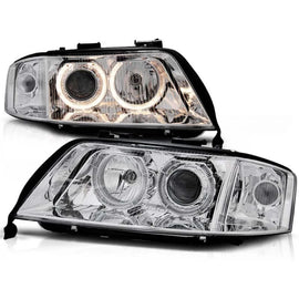 Set fari anteriori con lampade alogene Angel Eyes per Audi A6 C5 06.2001-05.2004 berlina/wagon, sinistro e destro tuning