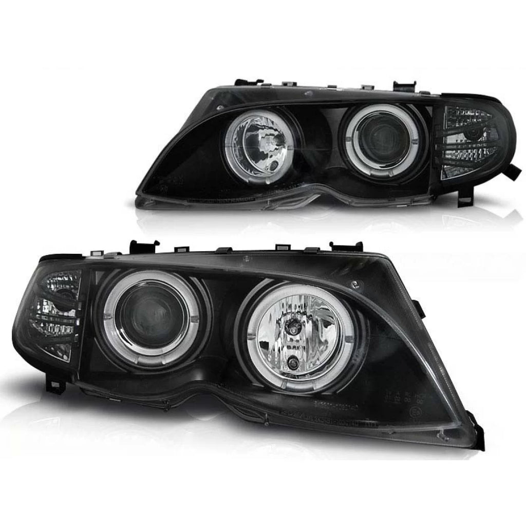 Set fari anteriori con lampade alogene Angel Eyes per BMW 3 E46 09.2001-03.2005 berlina/wagon, sinistro e destro tuning