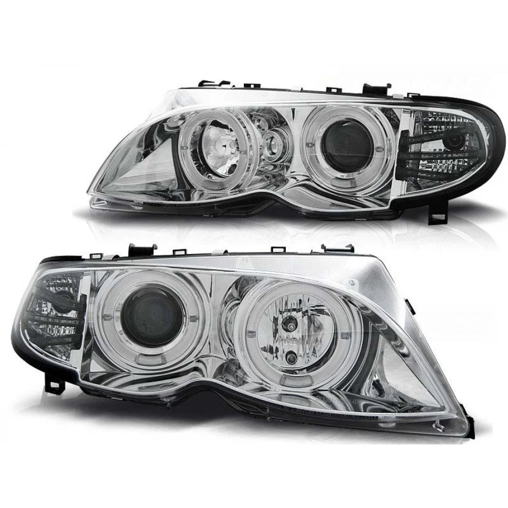 Set fari anteriori con lampade alogene Angel Eyes per BMW 3 E46 09.2001-03.2005 berlina/wagon, sinistro e destro tuning