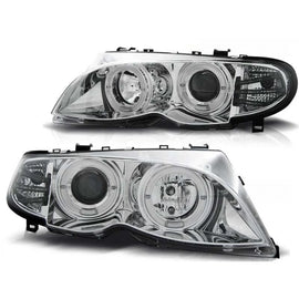 Set fari anteriori con lampade alogene Angel Eyes per BMW 3 E46 09.2001-03.2005 berlina/wagon, sinistro e destro tuning
