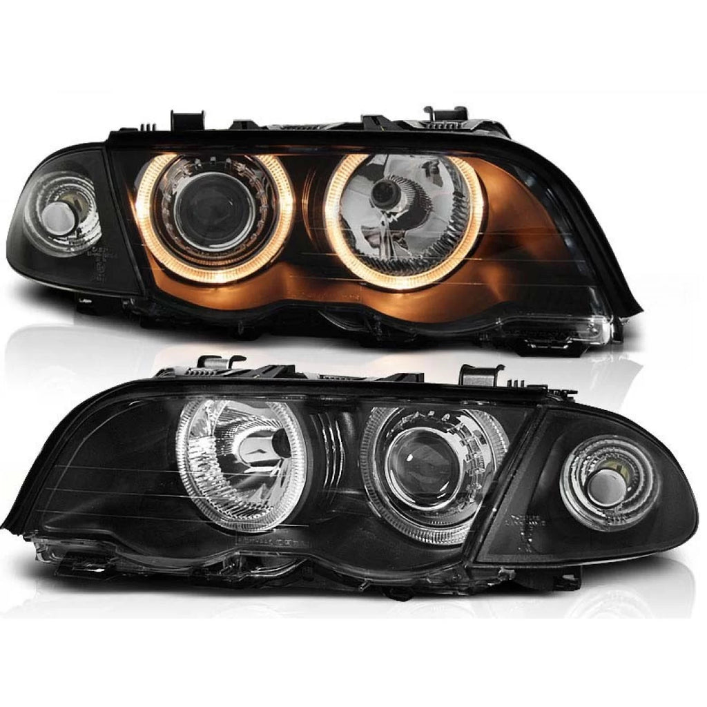 Set fari anteriori con lampade alogene Angel Eyes per BMW 3 E46 05.1998-08.2001 berlina/wagon, sinistro e destro tuning