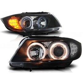 Set fari anteriori con lampade alogene Angel Eyes per BMW 3 E90/E91 03.2005-08.2008, sinistro e destro tuning