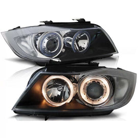 Set fari anteriori con lampade alogene Angel Eyes per BMW 3 E90/E91 03.2005-08.2008, sinistro e destro tuning