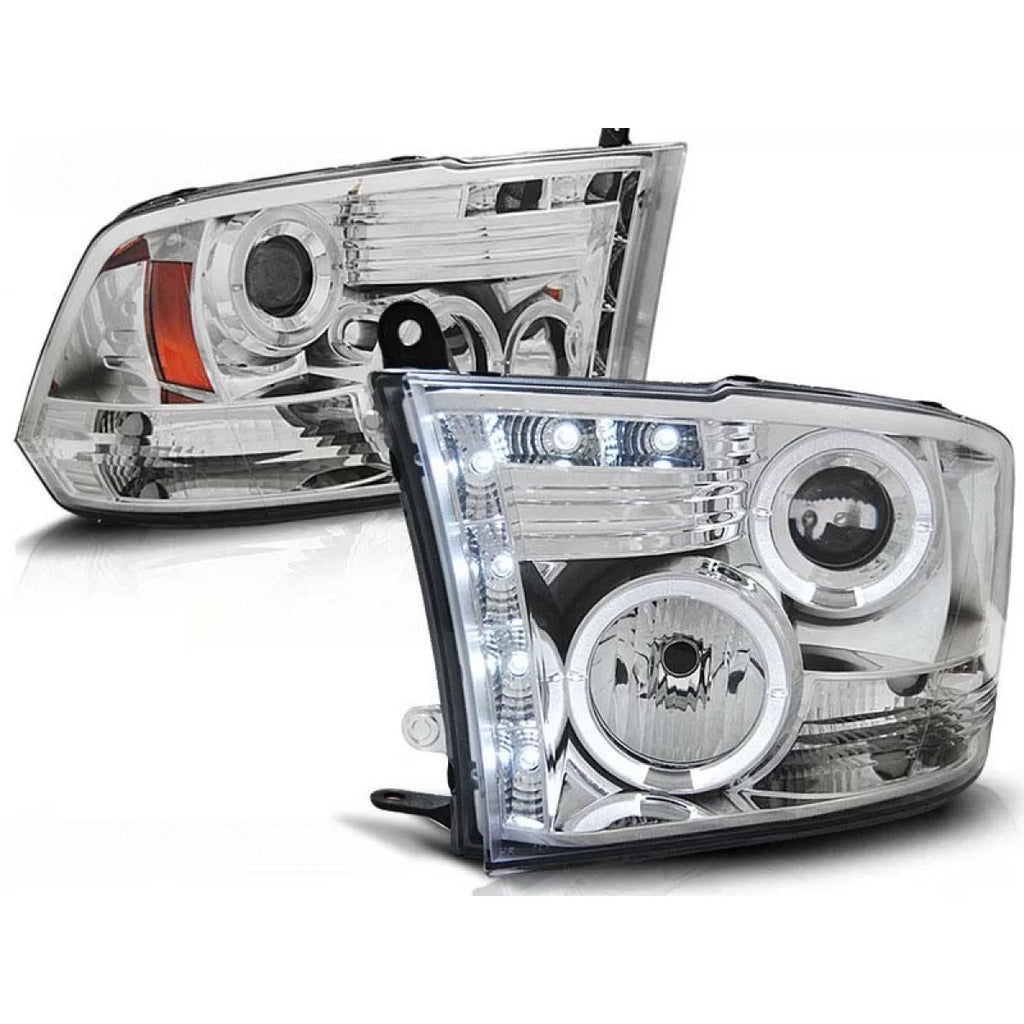 Set fari anteriori con lampade alogene Angel Eyes e striscia LED per Dodge RAM 2009-2011, sinistro e destro tuning