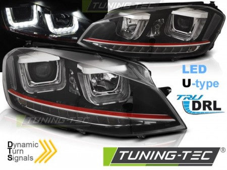 Fari Anteriori U-LED LIGHT DRL Neri RDD LINE sequenziali per VW GOLF MK7 11.12-17