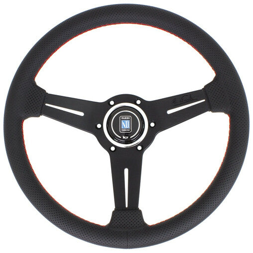 Volante Nardi Classic ND33, Pelle perforata nera, Raggi neri, Cuciture rosse, 40 mm Dish - em-power.it