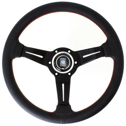 Volante Nardi Deep Corn, Pelle perforata nera, Raggi neri, Cuciture rosse, 50 mm Dish, Ø33 cm - em-power.it